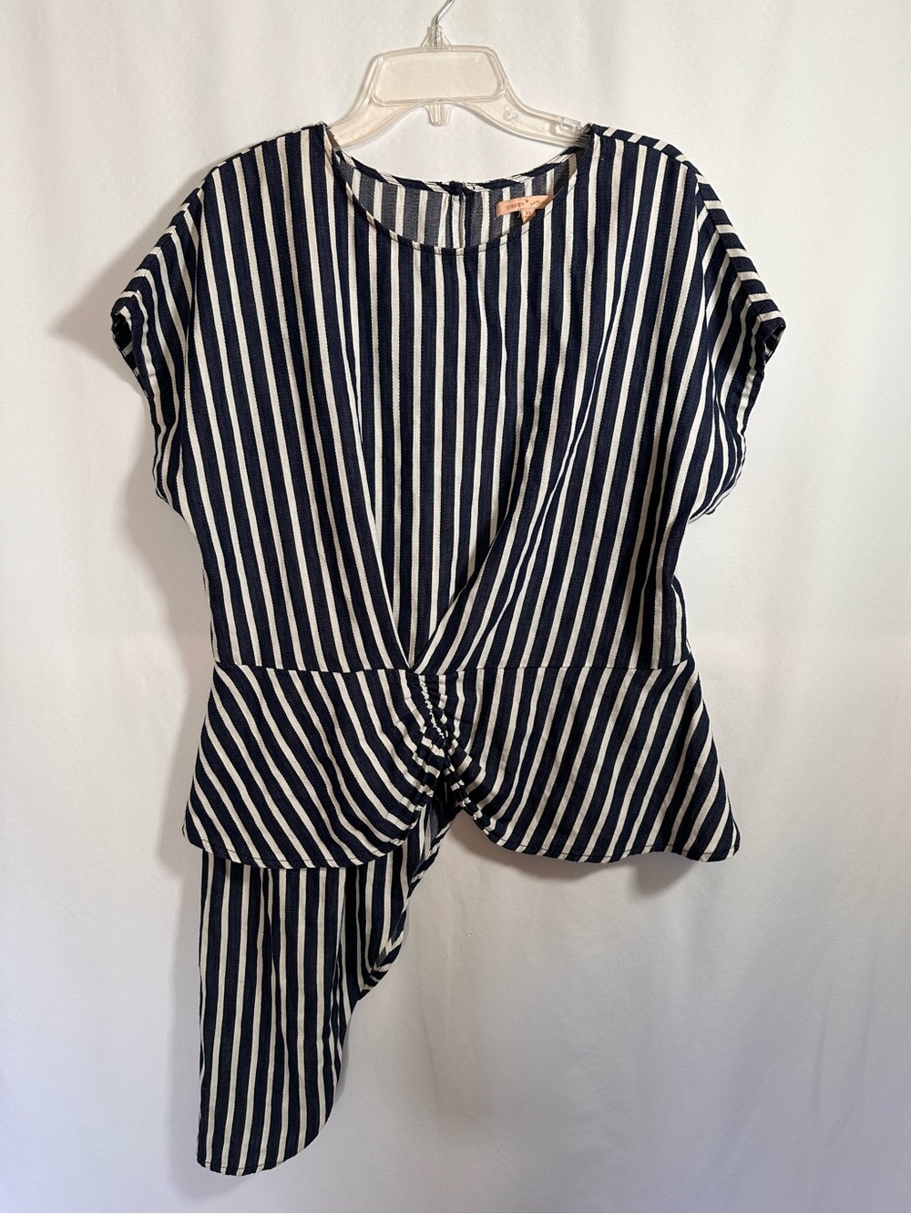 Gibson Latimer Striped Asymmetric Ruched Peplum Blouse XL Navy White Nautical